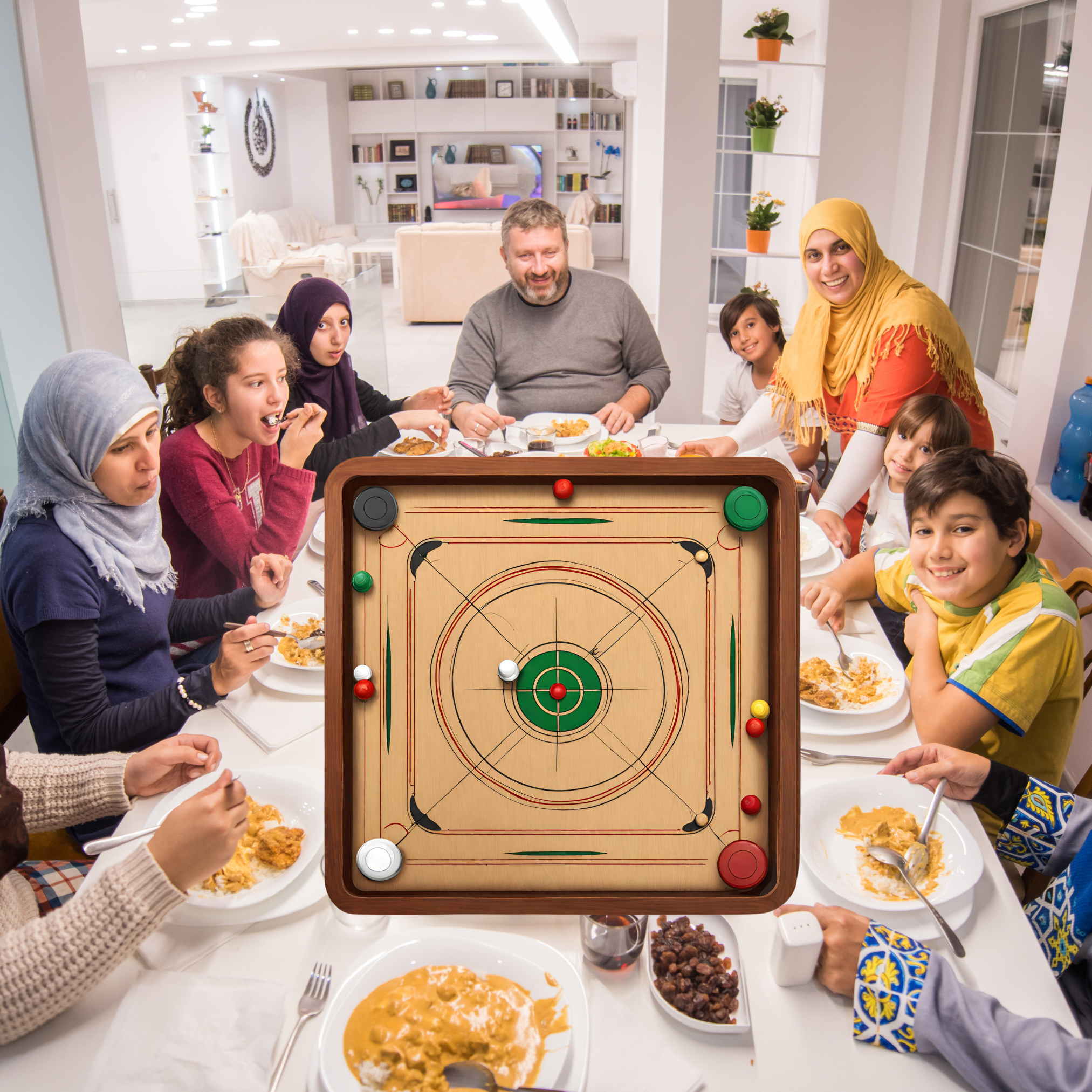 Family and friends play Carromboard